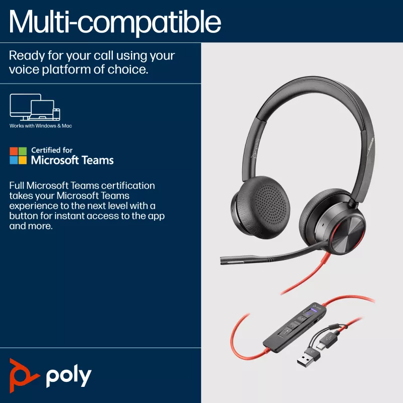 HP Poly Blackwire 8225 stereo Microsoft Teams certifikovaný USB-C headset + USB-C/A adaptér