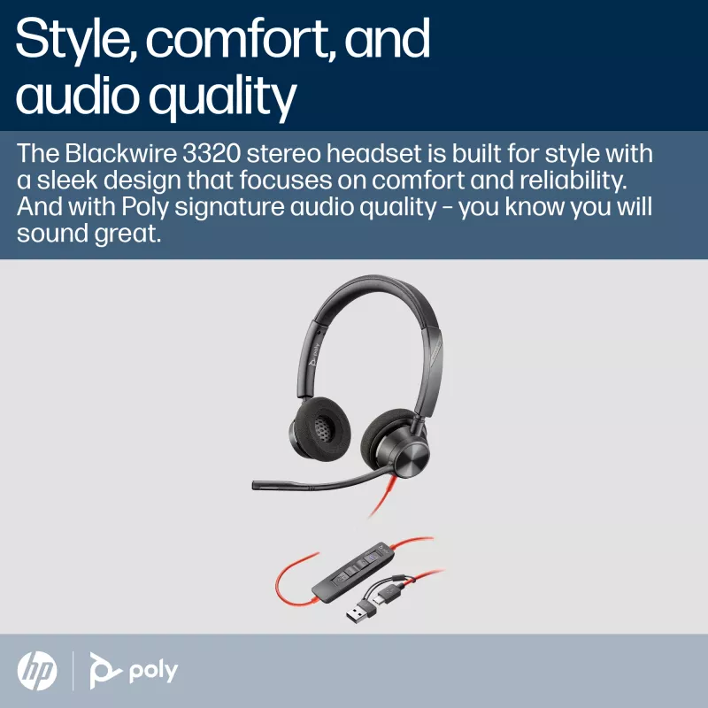 HP Poly Blackwire 3320 stereo Microsoft Teams certifikovaný USB-C headset + USB-C/A adaptér