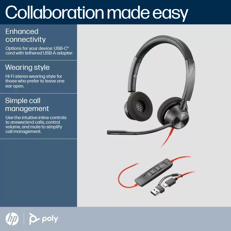 HP Poly Blackwire 3320 stereo Microsoft Teams certifikovaný USB-C headset + USB-C/A adaptér