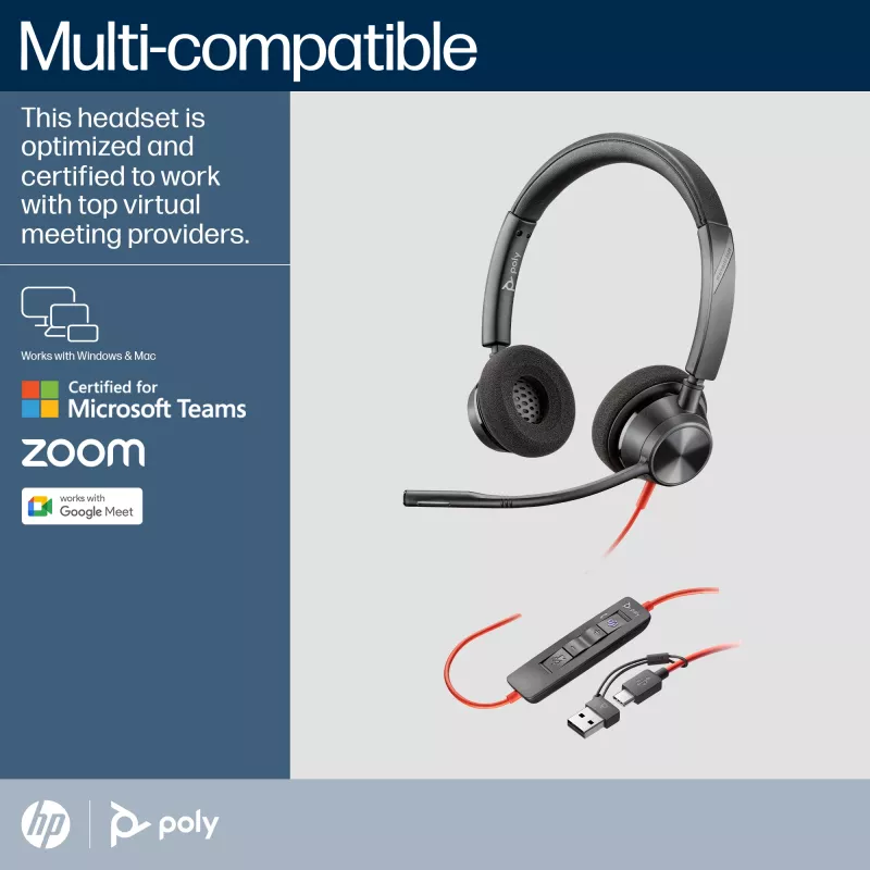 HP Poly Blackwire 3320 stereo Microsoft Teams certifikovaný USB-C headset + USB-C/A adaptér