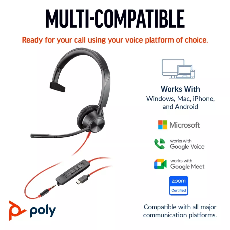 HP Poly Blackwire 3315 mono USB-C headset + 3,5 mm jack + USB-C/A adaptér