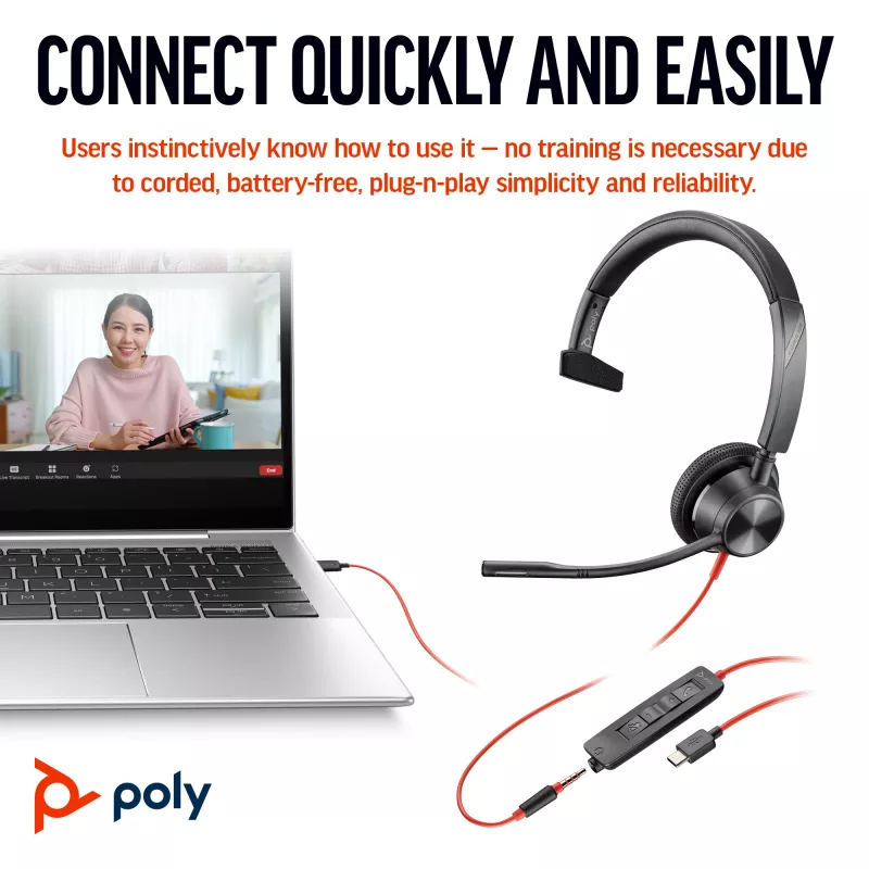 HP Poly Blackwire 3315 mono USB-C headset + 3,5 mm jack + USB-C/A adaptér