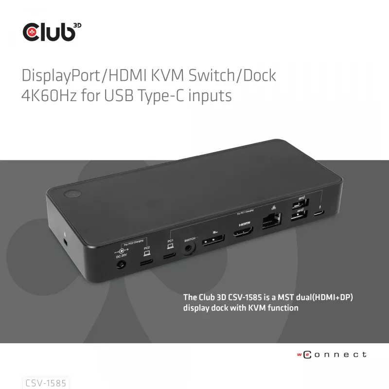 CLUB3D DisplayPort/HDMI KVM switch/dock 4K60Hz pre USB Type-C vstupy