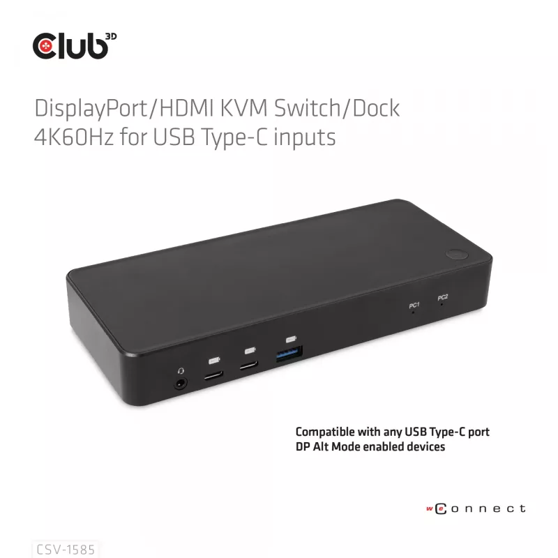 CLUB3D DisplayPort/HDMI KVM switch/dock 4K60Hz pre USB Type-C vstupy