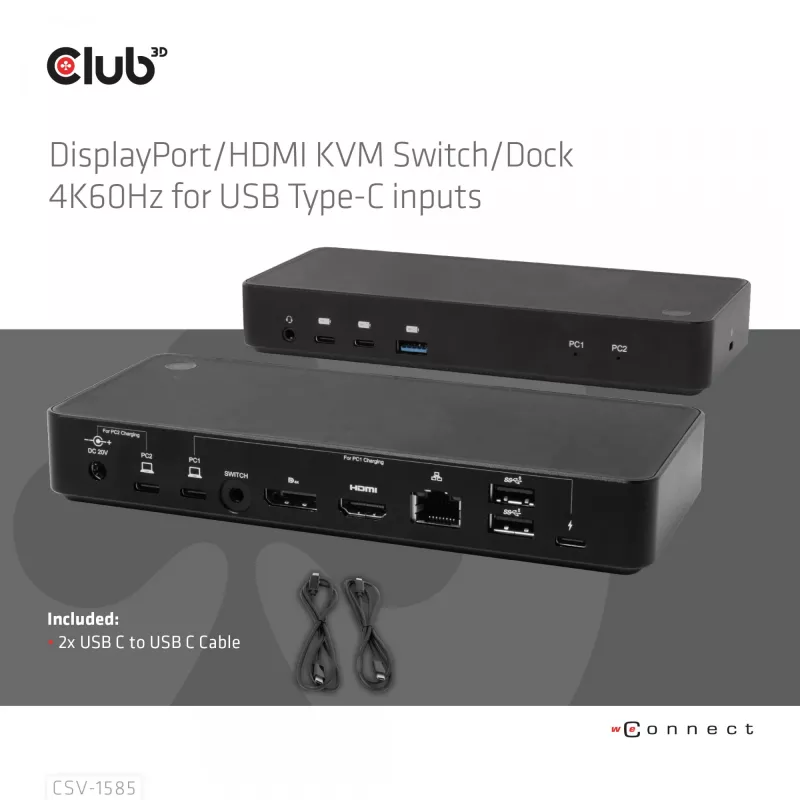 CLUB3D DisplayPort/HDMI KVM switch/dock 4K60Hz pre USB Type-C vstupy