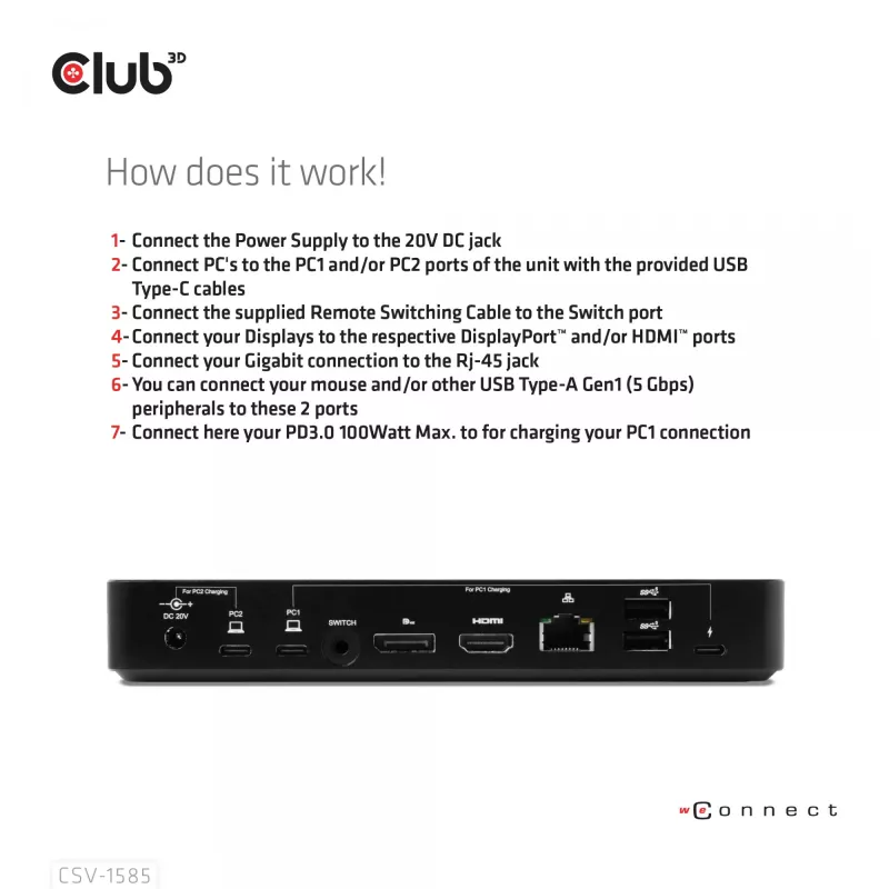 CLUB3D DisplayPort/HDMI KVM switch/dock 4K60Hz pre USB Type-C vstupy