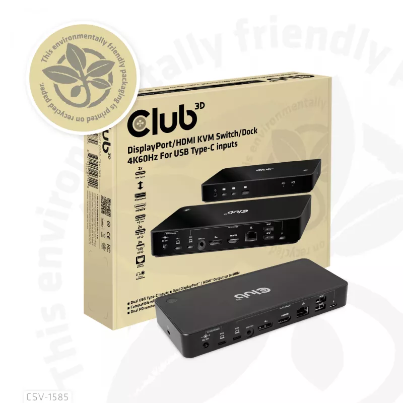 CLUB3D DisplayPort/HDMI KVM switch/dock 4K60Hz pre USB Type-C vstupy