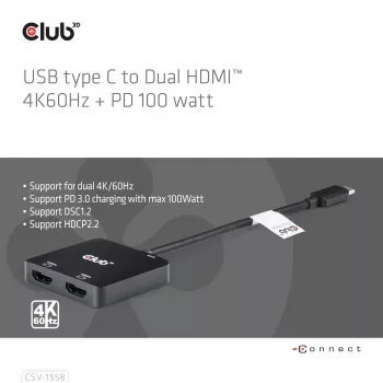 CLUB3D USB-C® hub na dual HDMI™ 4K60Hz M/F+PD3.0 100 W
