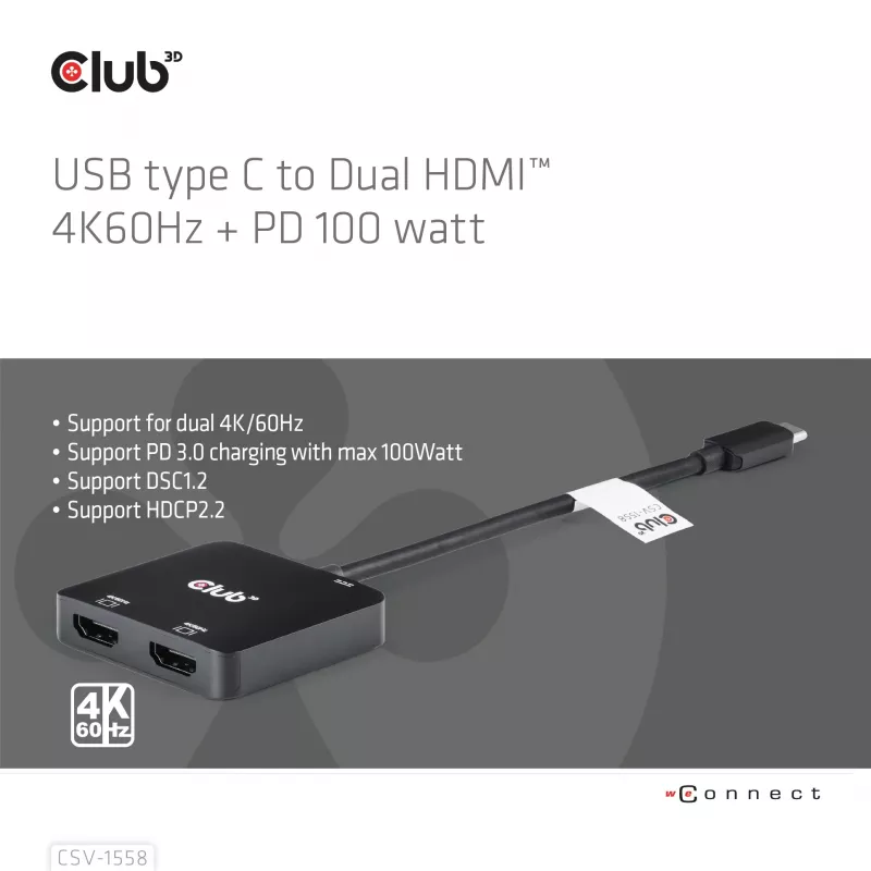 CLUB3D USB-C® hub na dual HDMI™ 4K60Hz M/F+PD3.0 100 W