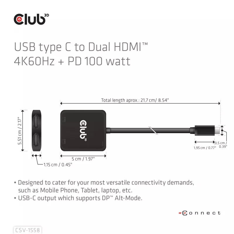 CLUB3D USB-C® hub na dual HDMI™ 4K60Hz M/F+PD3.0 100 W