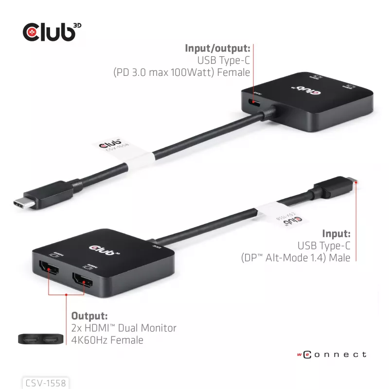 CLUB3D USB-C® hub na dual HDMI™ 4K60Hz M/F+PD3.0 100 W