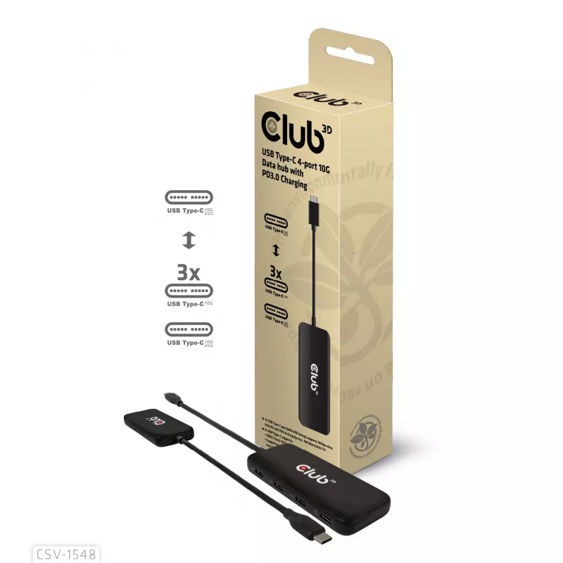 Club3D CSV-1548 USB-C rozbočovač, 4x USB-C 10 Gbps, 100W PD, čierny