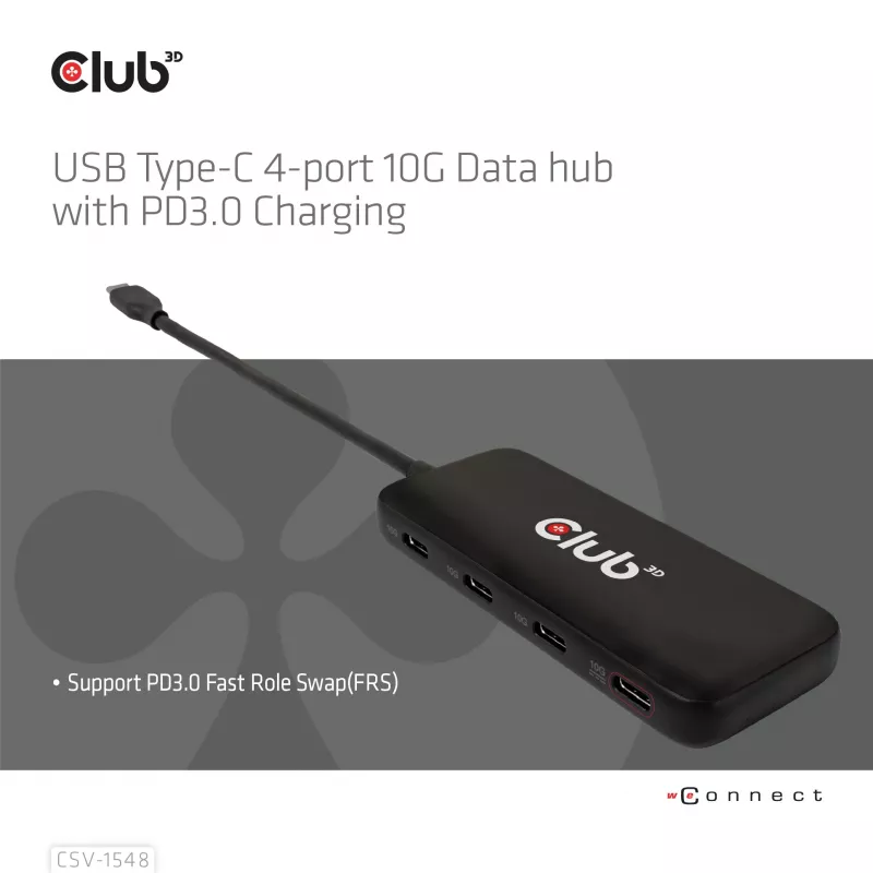 Club3D CSV-1548 USB-C rozbočovač, 4x USB-C 10 Gbps, 100W PD, čierny