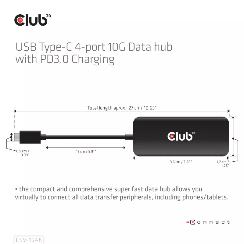 Club3D CSV-1548 USB-C rozbočovač, 4x USB-C 10 Gbps, 100W PD, čierny