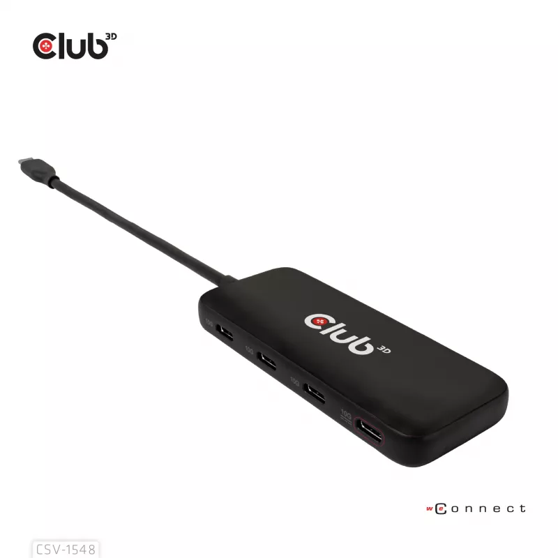 Club3D CSV-1548 USB-C rozbočovač, 4x USB-C 10 Gbps, 100W PD, čierny