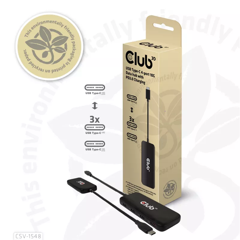 Club3D CSV-1548 USB-C rozbočovač, 4x USB-C 10 Gbps, 100W PD, čierny