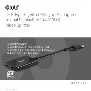 Videosplitter Club 3D CSV-1478 USB Type-C (s USB-A adaptérom) na dual DisplayPort 4K60Hz, čierna
