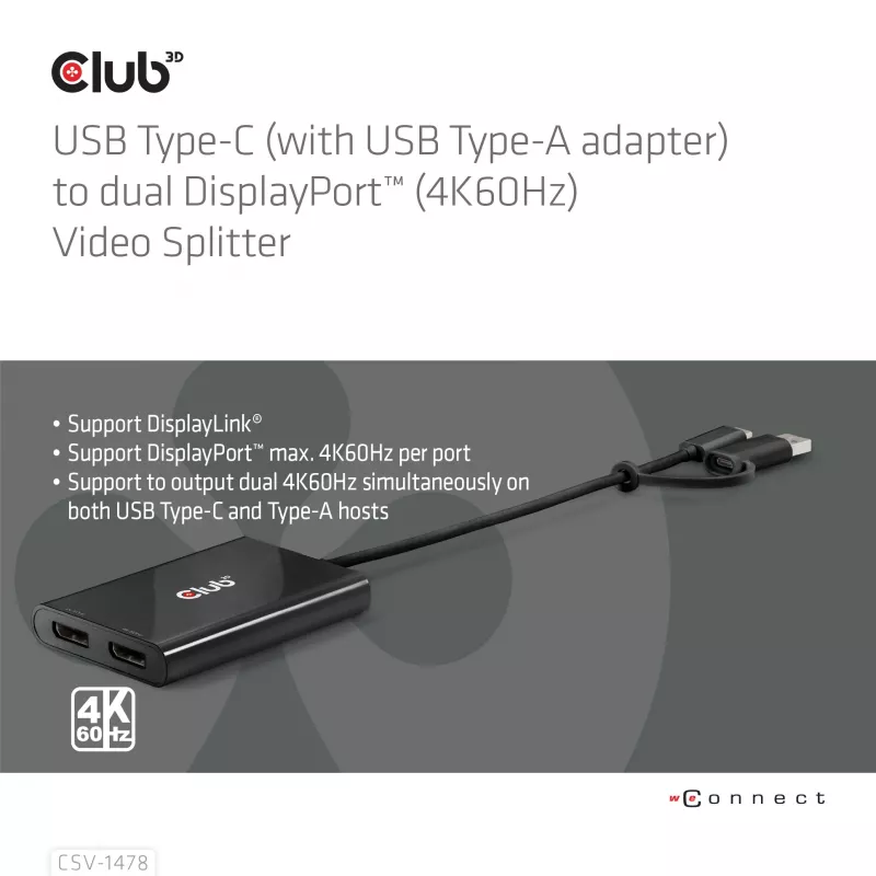 Videosplitter Club 3D CSV-1478 USB Type-C (s USB-A adaptérom) na dual DisplayPort 4K60Hz, čierna
