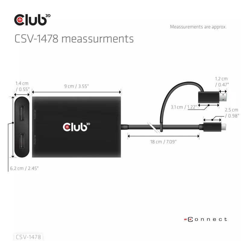 Videosplitter Club 3D CSV-1478 USB Type-C (s USB-A adaptérom) na dual DisplayPort 4K60Hz, čierna