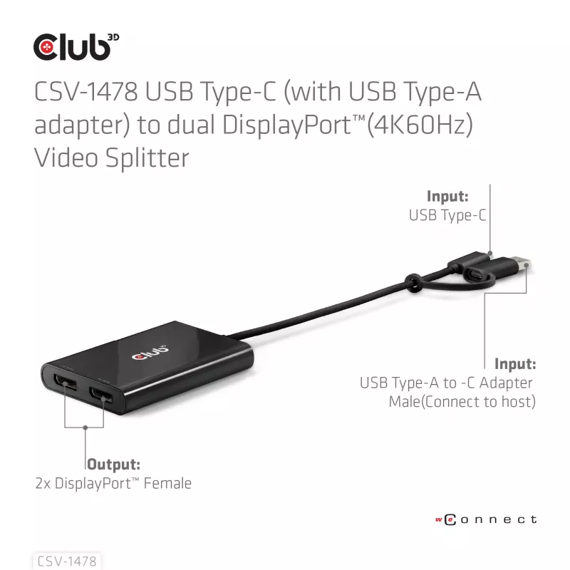 Videosplitter Club 3D CSV-1478 USB Type-C (s USB-A adaptérom) na dual DisplayPort 4K60Hz, čierna