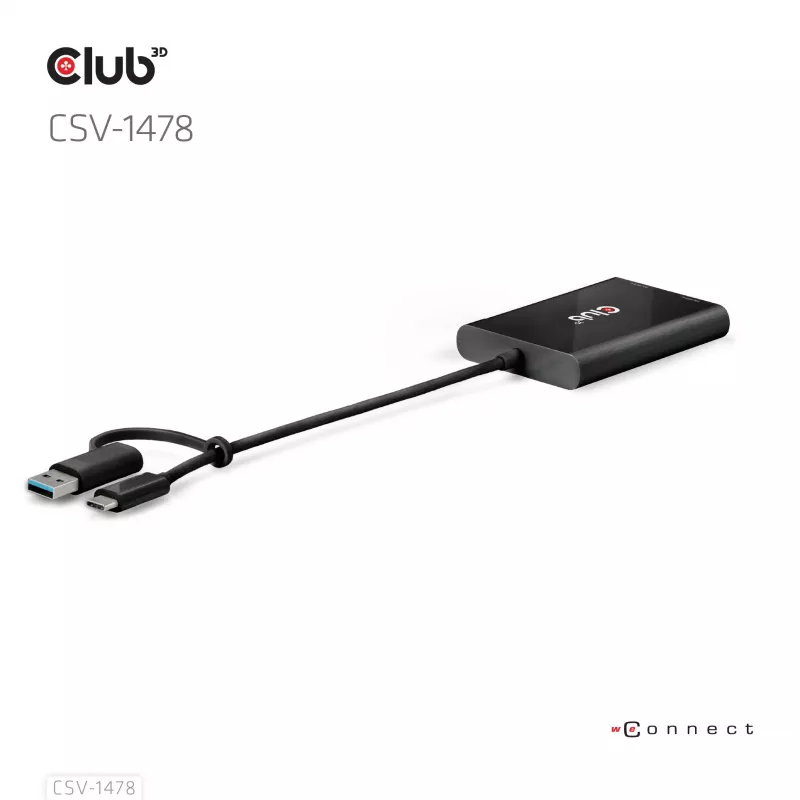 Videosplitter Club 3D CSV-1478 USB Type-C (s USB-A adaptérom) na dual DisplayPort 4K60Hz, čierna