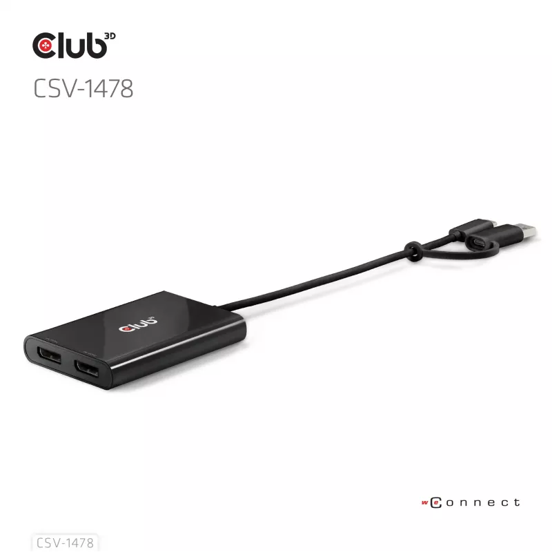 Videosplitter Club 3D CSV-1478 USB Type-C (s USB-A adaptérom) na dual DisplayPort 4K60Hz, čierna