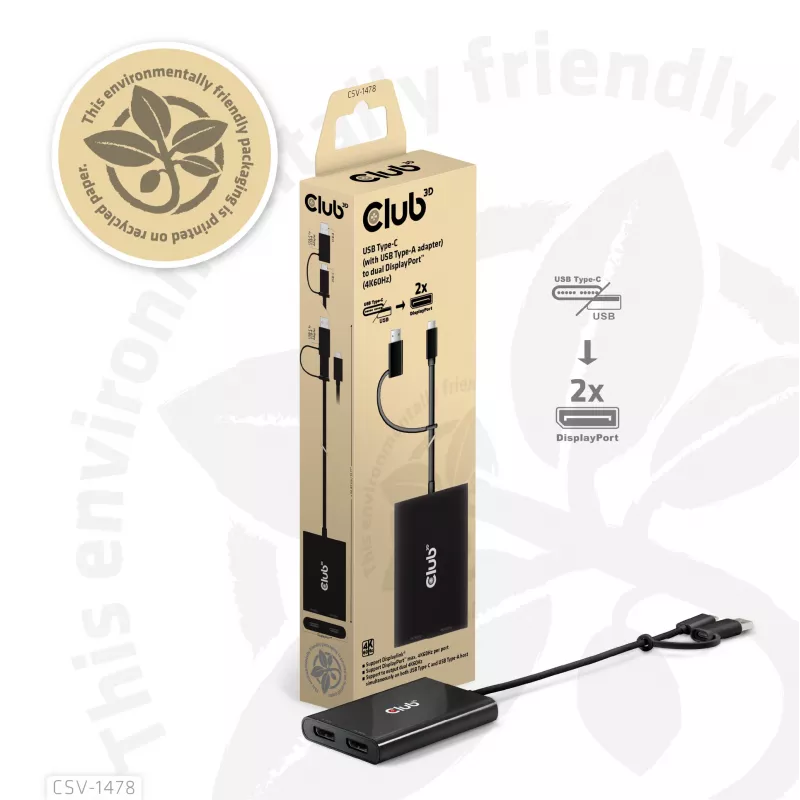 Videosplitter Club 3D CSV-1478 USB Type-C (s USB-A adaptérom) na dual DisplayPort 4K60Hz, čierna