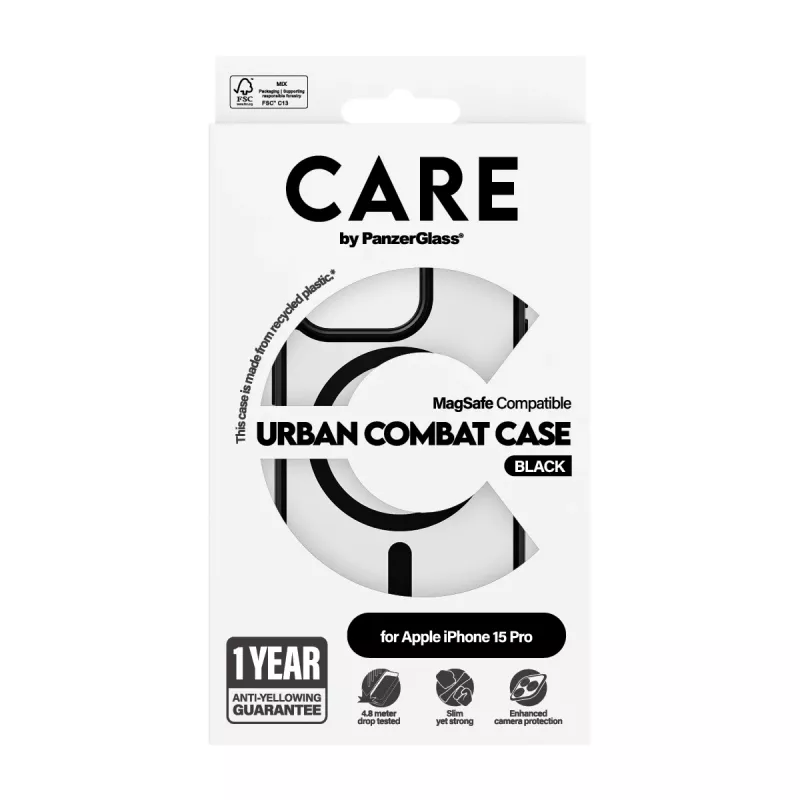 PanzerGlass CARE™ by ® Urban Combat Case transparentné s čiernym MagSafe pre iPhone 15 Pro
