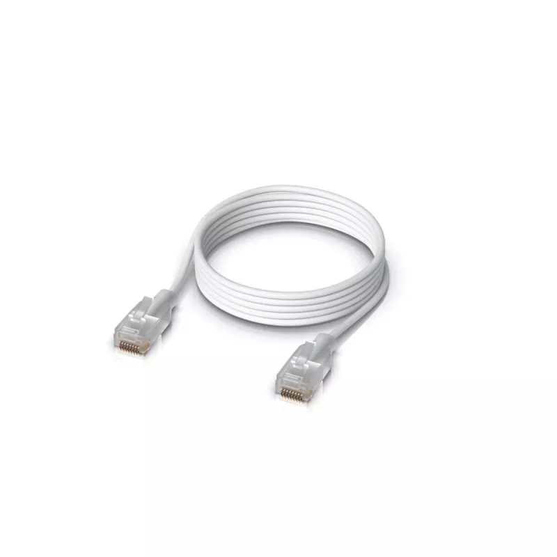 Sieťový patch kábel UBIQUITI UACC-Cable-Patch-EL-1M-W — Cat6, 1 m, 2,5 GbE, PoE++ (4PPoE), priesvitný, RJ-45 konektor samec–samec