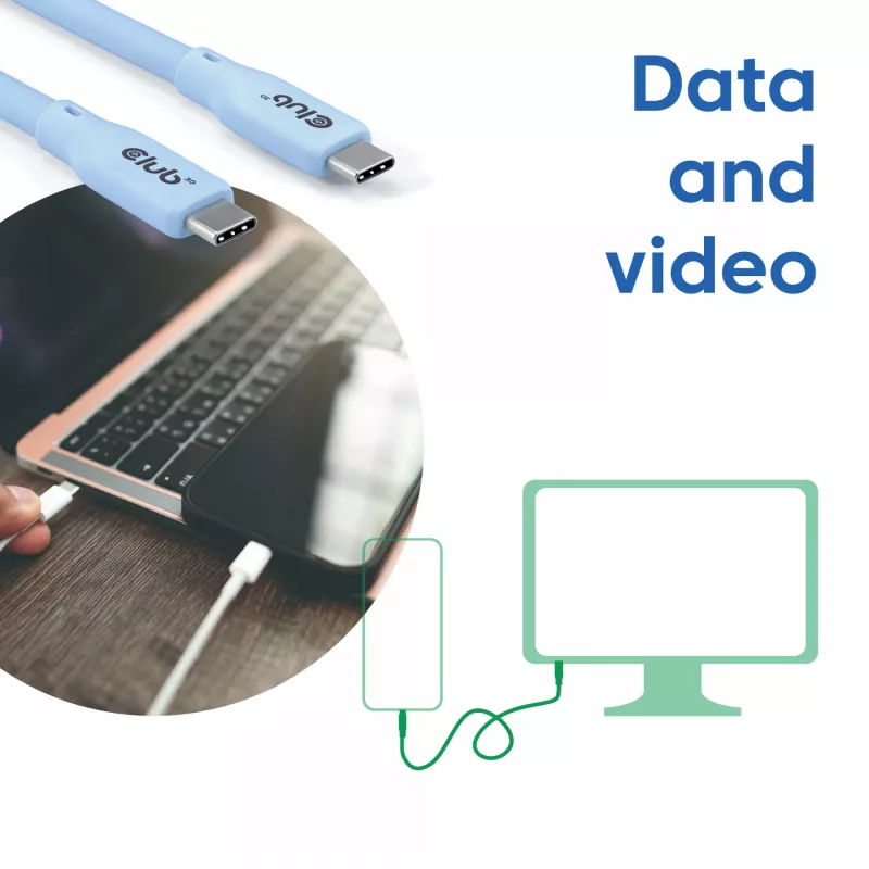 CLUB3D USB-C kábel modrý, 2 m, USB-C, USB-C, USB4 Gen 2x2, 20 Gbit/s, modrý