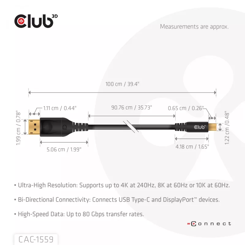USB Type-C na DisplayPort 2.1 kábel, Club 3D CAC-1559, obojsmerný, VESA DP80 certifikovaný, 1 m