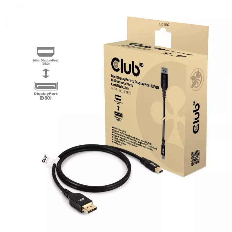 CLUB3D Mini DisplayPort™ na DisplayPort™ obojsmerný VESA DP80 certifikovaný kábel M/M 1m/3.28ft