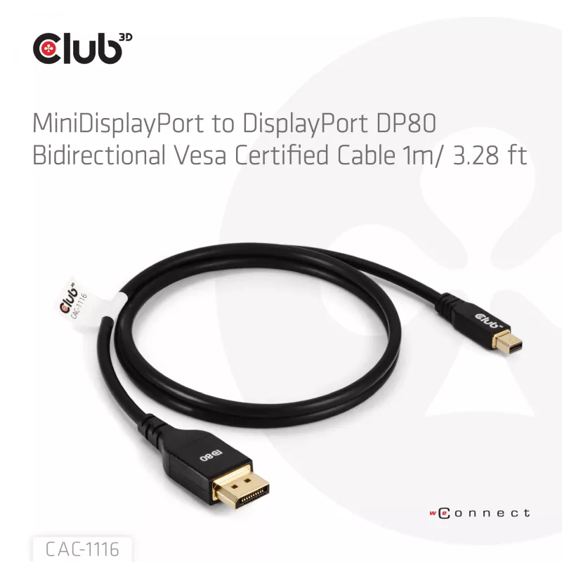 CLUB3D Mini DisplayPort™ na DisplayPort™ obojsmerný VESA DP80 certifikovaný kábel M/M 1m/3.28ft
