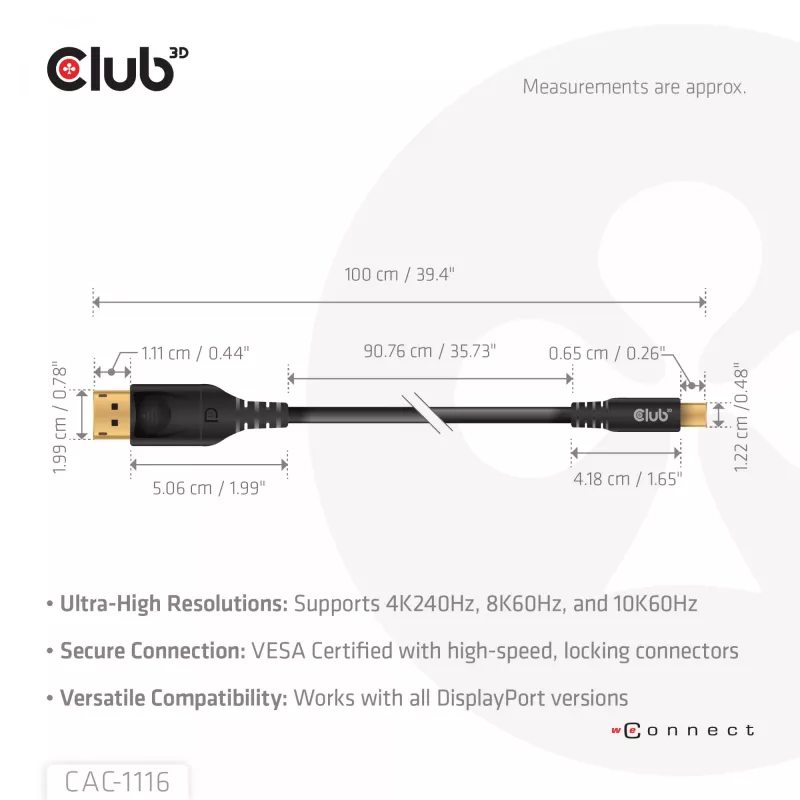 CLUB3D Mini DisplayPort™ na DisplayPort™ obojsmerný VESA DP80 certifikovaný kábel M/M 1m/3.28ft