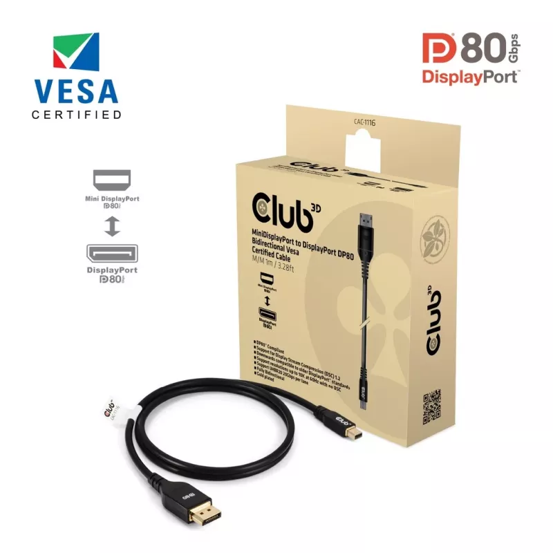 CLUB3D Mini DisplayPort™ na DisplayPort™ obojsmerný VESA DP80 certifikovaný kábel M/M 1m/3.28ft