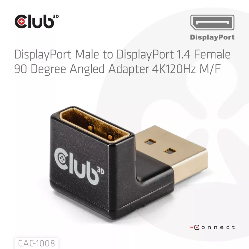 Adaptér club 3D DisplayPort konektor samec na DisplayPort 1.4 konektor samica 90° uhlový, podporuje 4K@120Hz