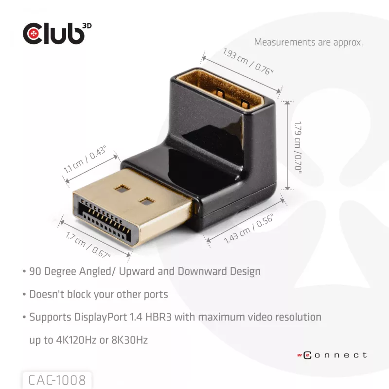 Adaptér club 3D DisplayPort konektor samec na DisplayPort 1.4 konektor samica 90° uhlový, podporuje 4K@120Hz