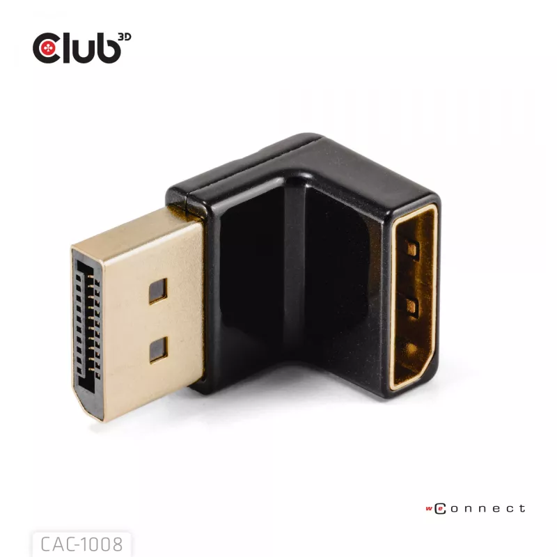 Adaptér club 3D DisplayPort konektor samec na DisplayPort 1.4 konektor samica 90° uhlový, podporuje 4K@120Hz