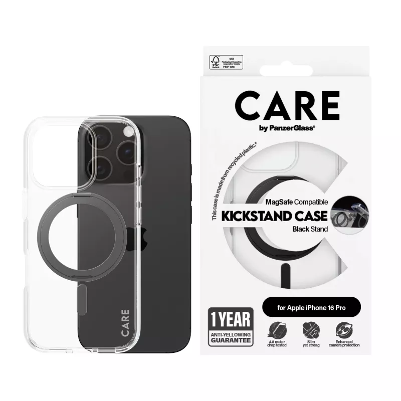 PanzerGlass CARE™ by ® Case transparentný s čiernym stojanom & MagSafe iPhone 16 Pro