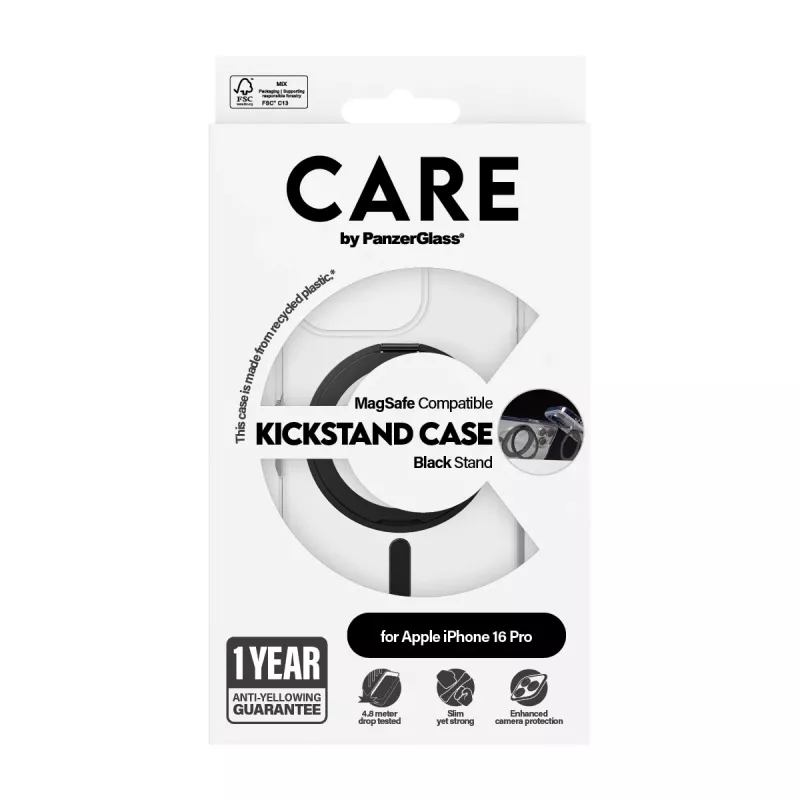 PanzerGlass CARE™ by ® Case transparentný s čiernym stojanom & MagSafe iPhone 16 Pro