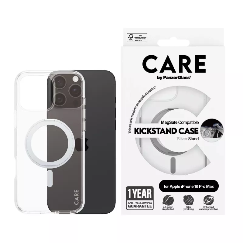 PanzerGlass CARE™ by ® Case transparentný so strieborným stojanom & MagSafe iPhone 16 Pro Max