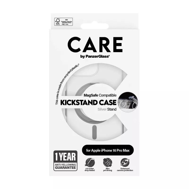PanzerGlass CARE™ by ® Case transparentný so strieborným stojanom & MagSafe iPhone 16 Pro Max