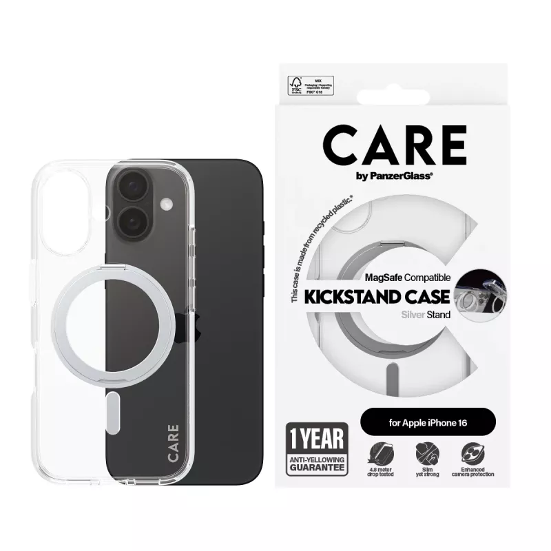 PanzerGlass CARE™ by ® Case transparentný so strieborným stojanom & MagSafe iPhone 16