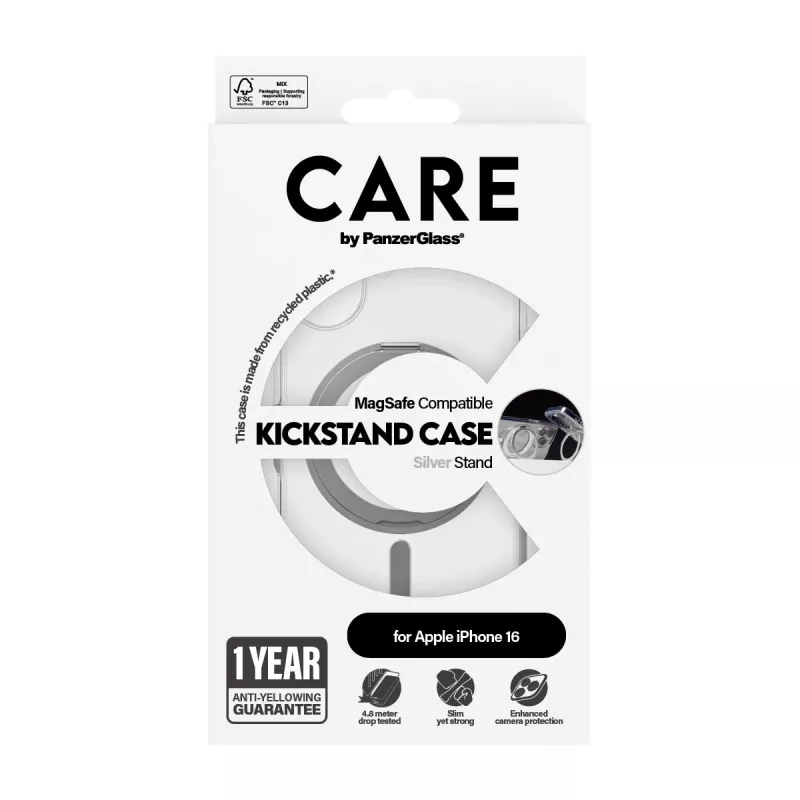 PanzerGlass CARE™ by ® Case transparentný so strieborným stojanom & MagSafe iPhone 16