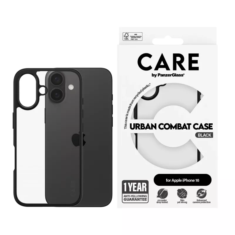 PanzerGlass CARE™ by ® Urban Combat puzdro transparentné s čiernym rámom iPhone 16