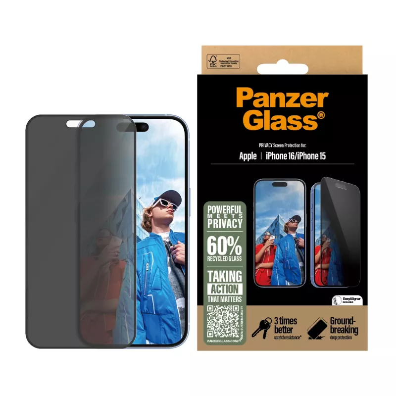 PanzerGlass® Privacy Screen Protector iPhone 16 | 15 | Ultra-Wide Fit s EasyAligner