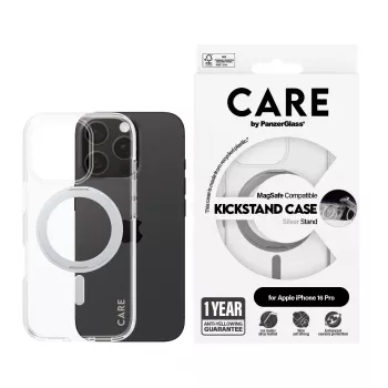 PanzerGlass CARE™ by ® Case transparentný so strieborným stojanom & MagSafe iPhone 16 Pro