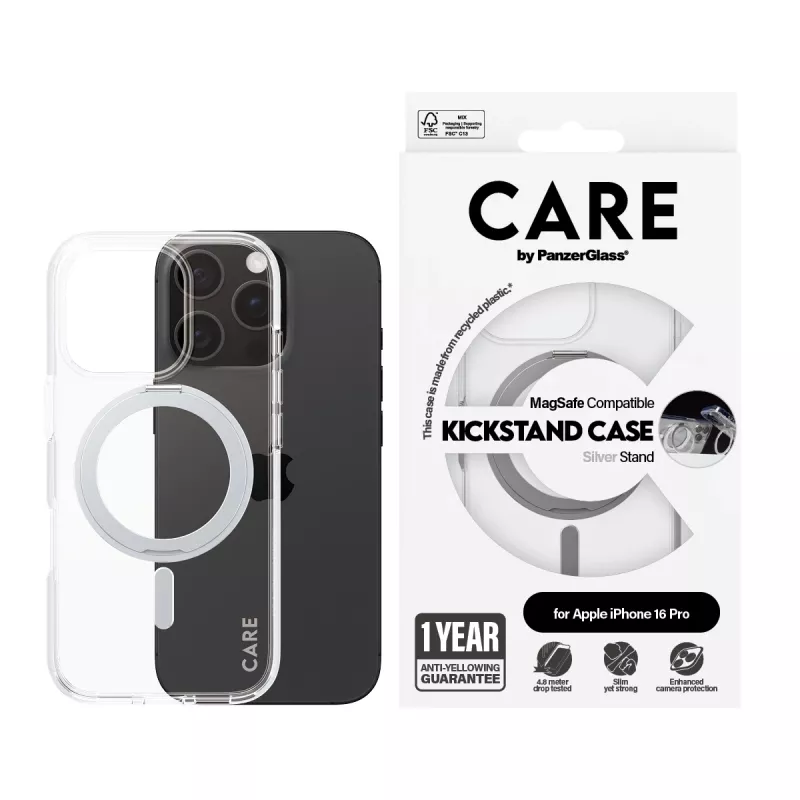 PanzerGlass CARE™ by ® Case transparentný so strieborným stojanom & MagSafe iPhone 16 Pro