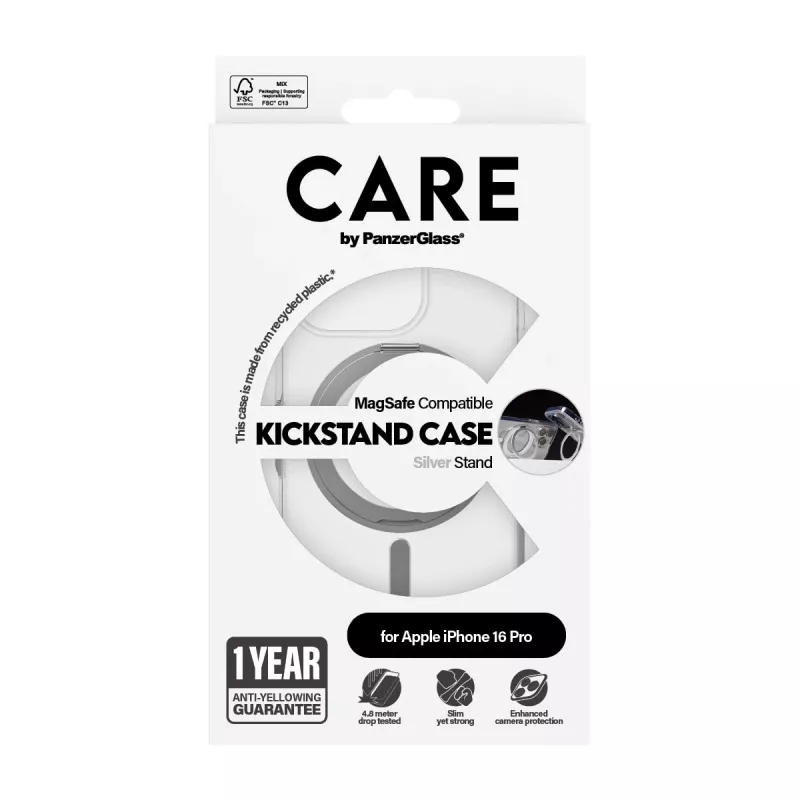 PanzerGlass CARE™ by ® Case transparentný so strieborným stojanom & MagSafe iPhone 16 Pro