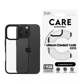 PanzerGlass CARE™ by ® Urban Combat puzdro transparentné s čiernym rámom pre iPhone 16 Pro